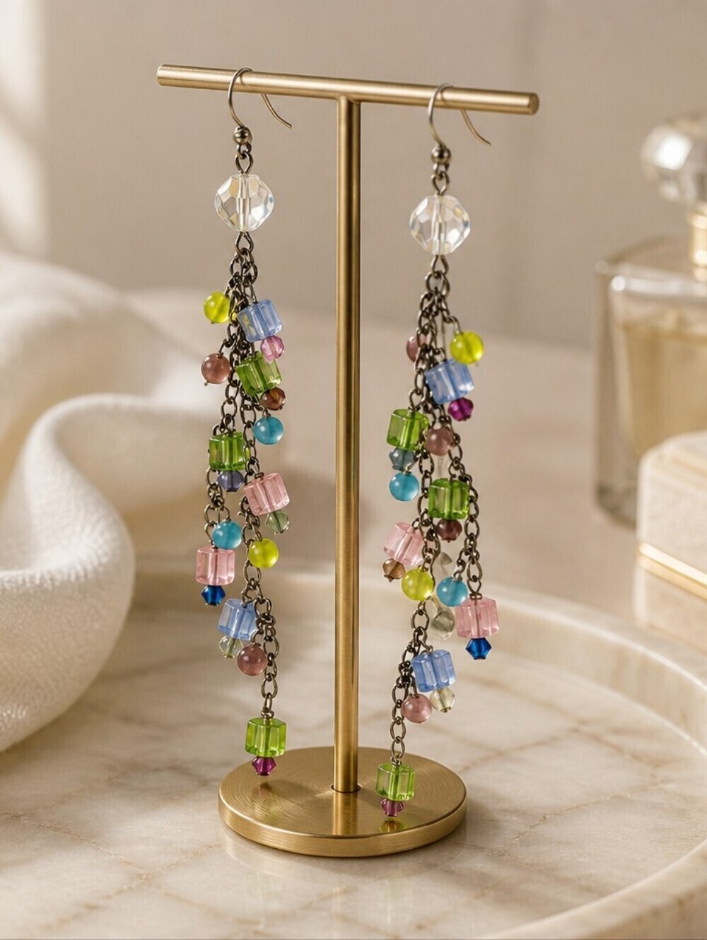 Handmade Swarovski Bead MULTI COLOR Crystal Bead Dangle Earrings